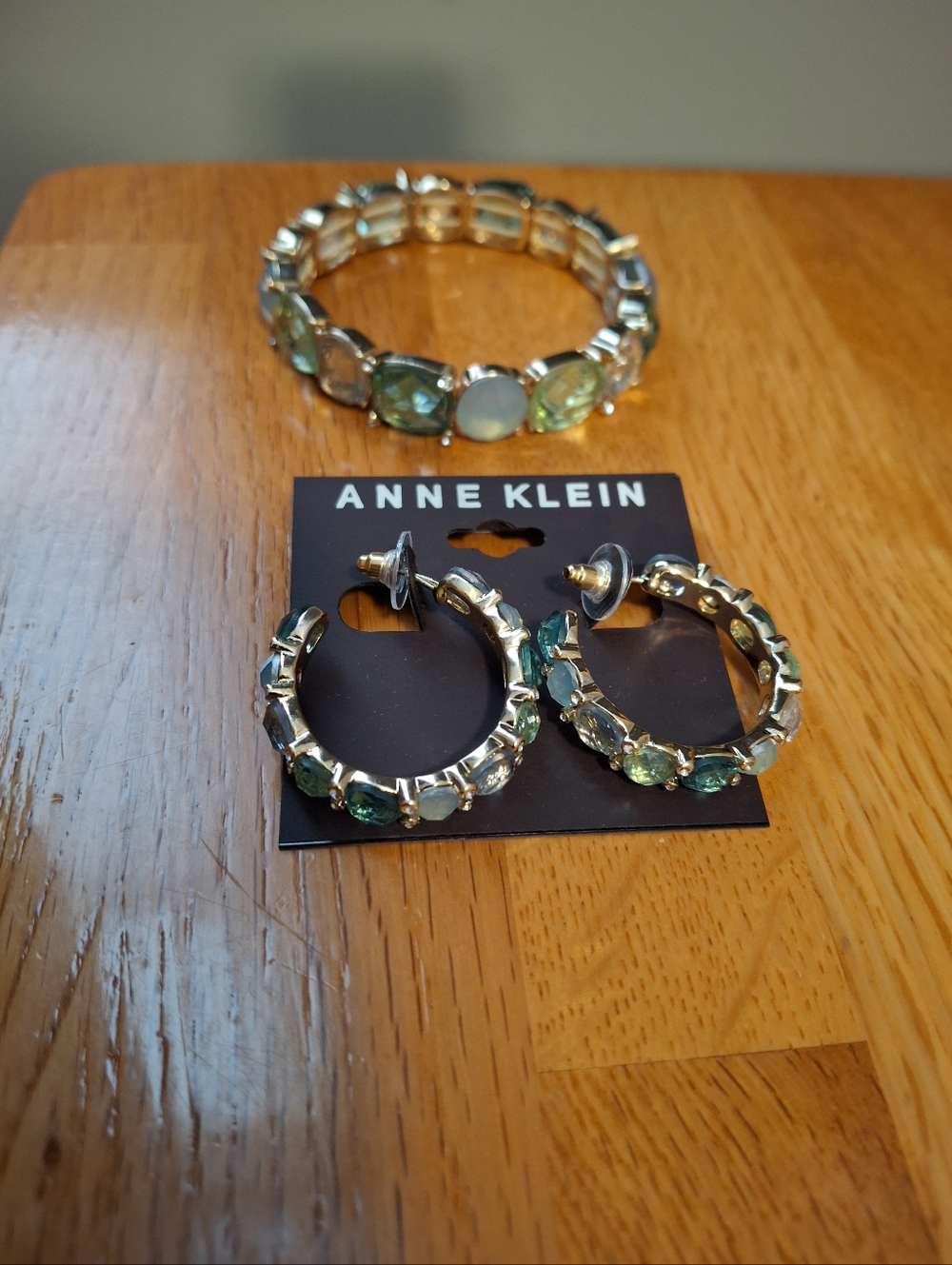 Anne Klein Gold And Green Gemstone Earrings With Matching Bracelet